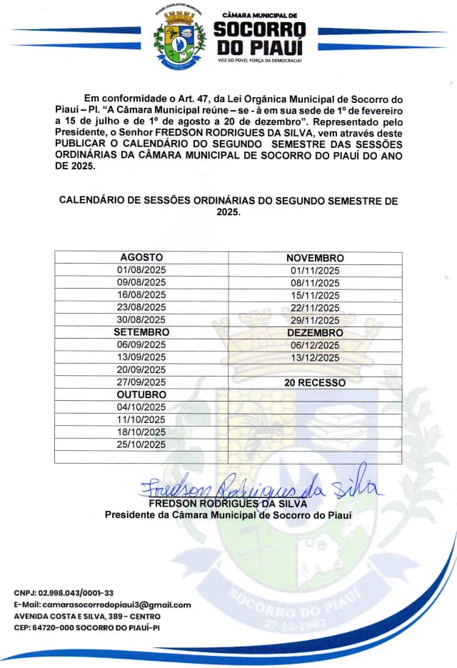 Calendário da Sessão 2º Semestre